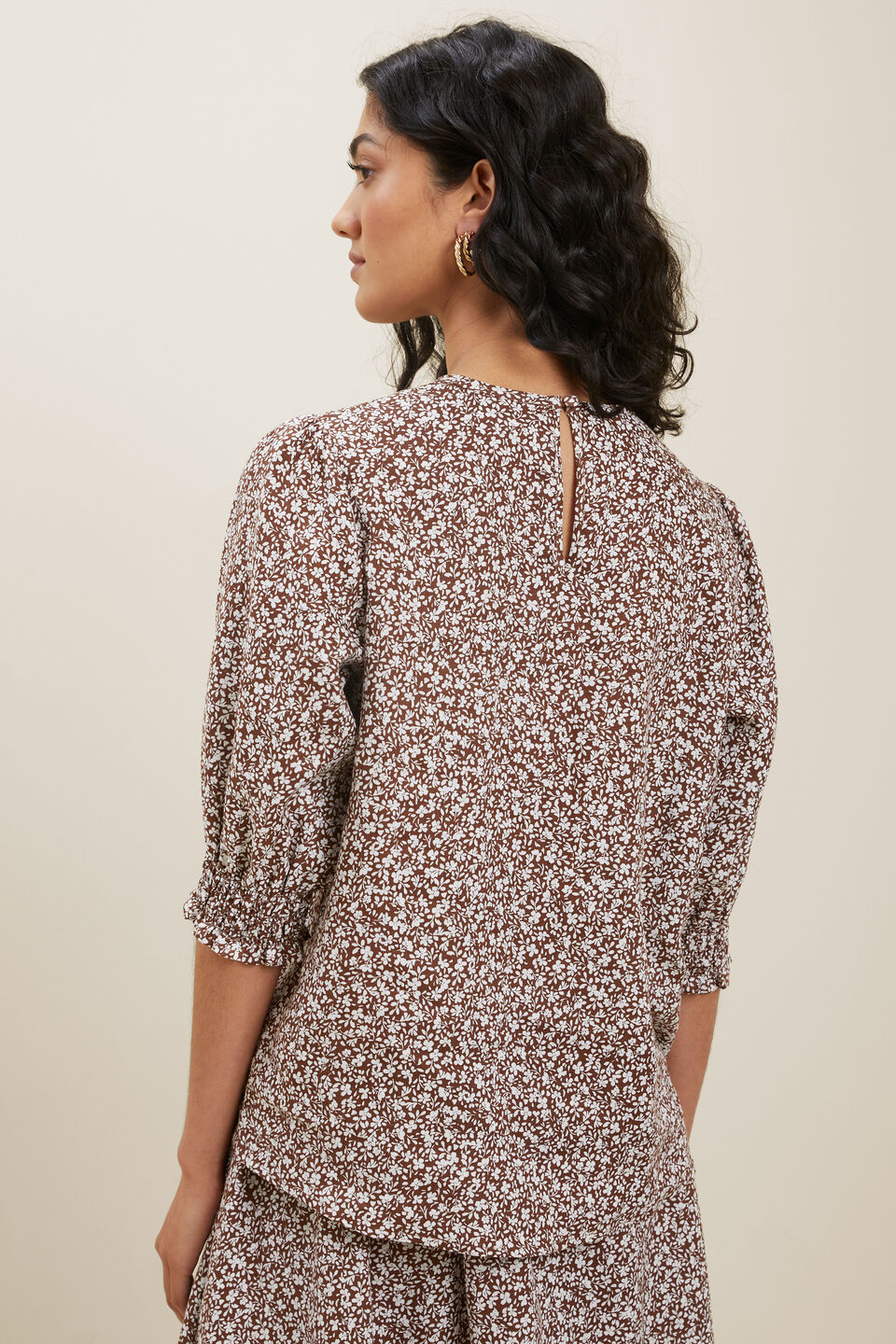 Ditsy Puff Sleeve Top  Russet Brown Ditsy