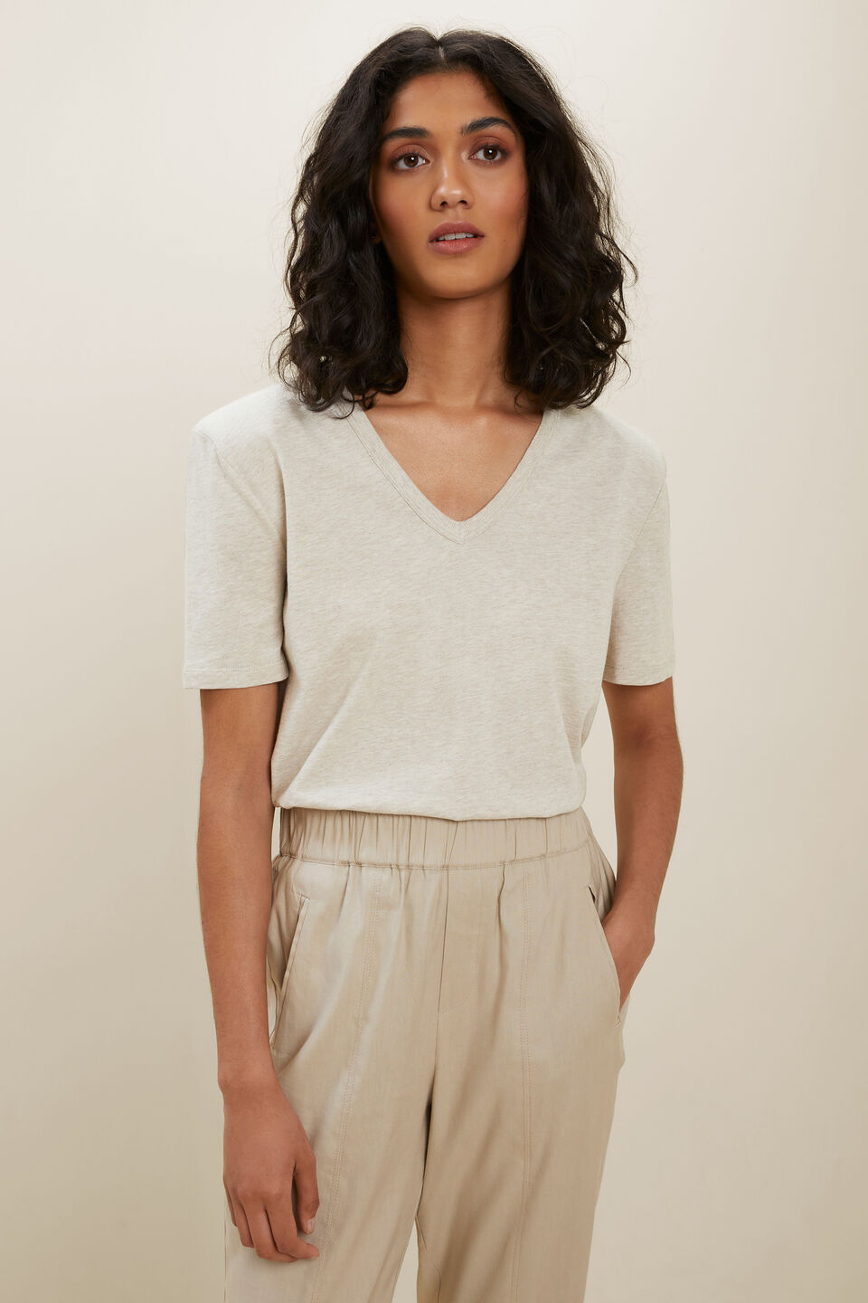 V Neck Shoulder Pad Tee  Latte Marle