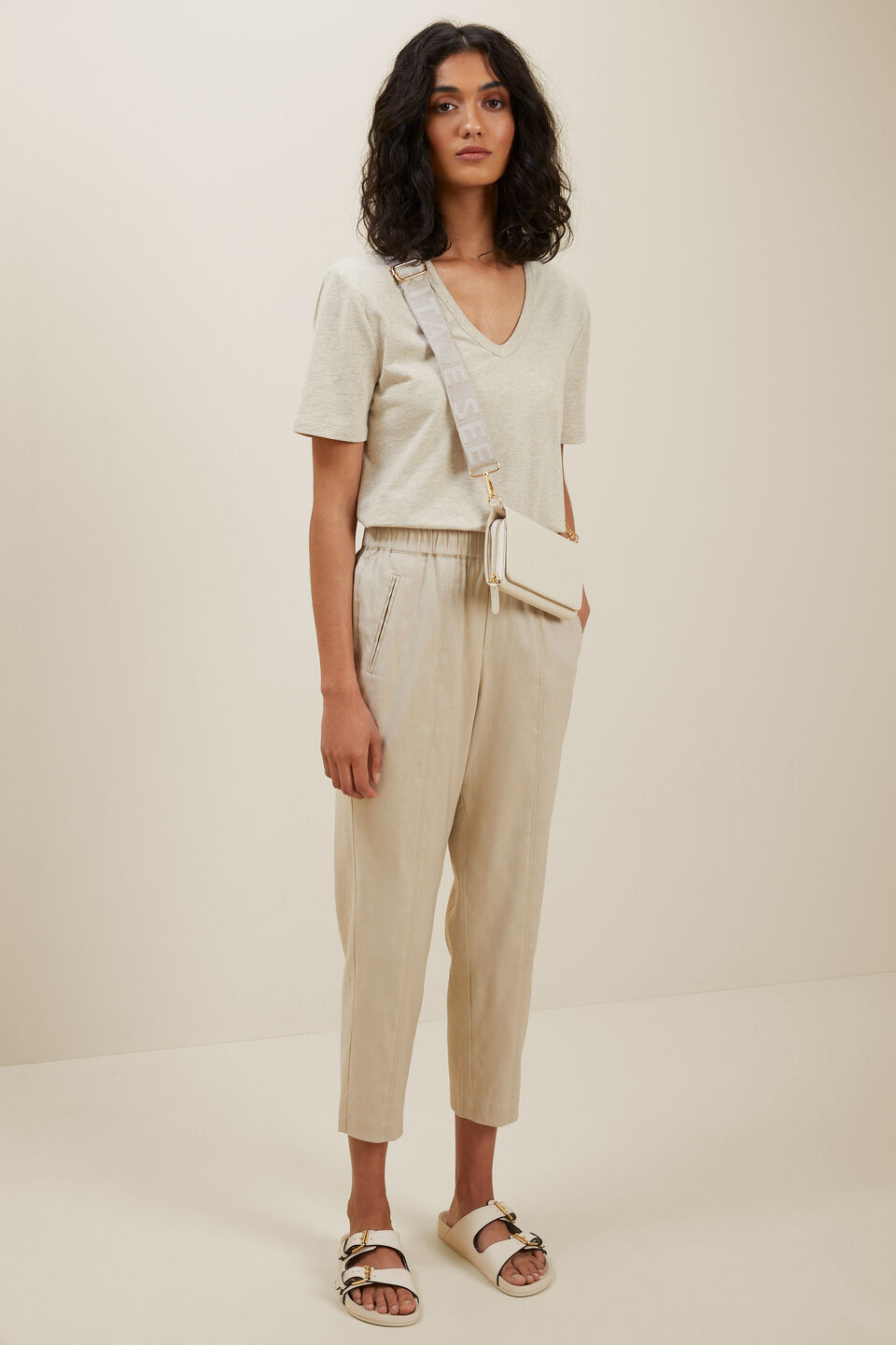 V Neck Shoulder Pad Tee  Latte Marle