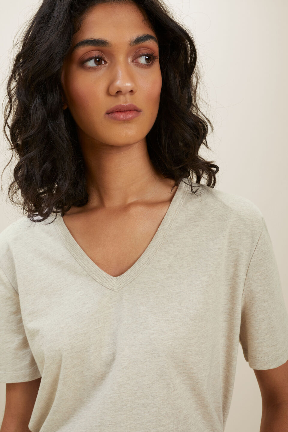 V Neck Shoulder Pad Tee  Latte Marle