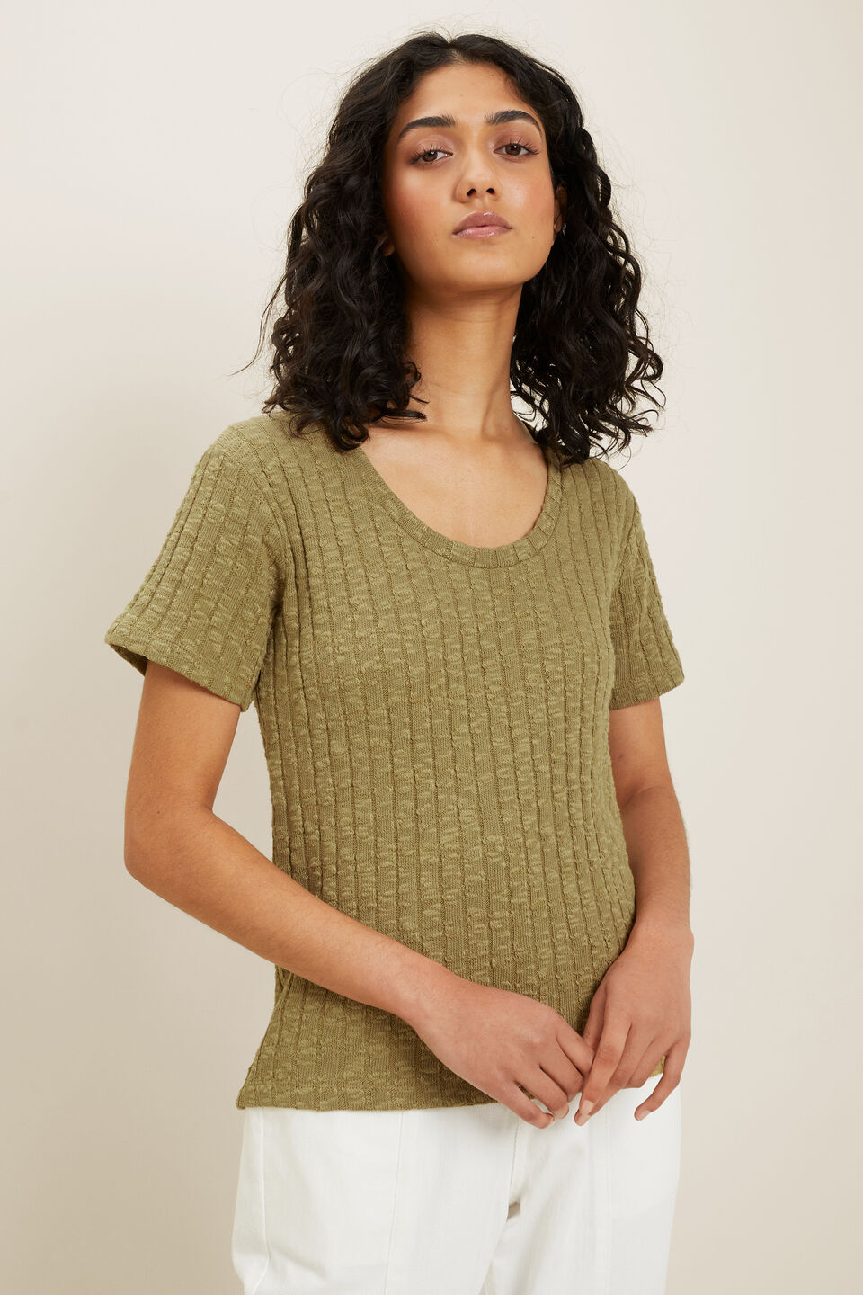 Textured U Neck Tee  Sage Green