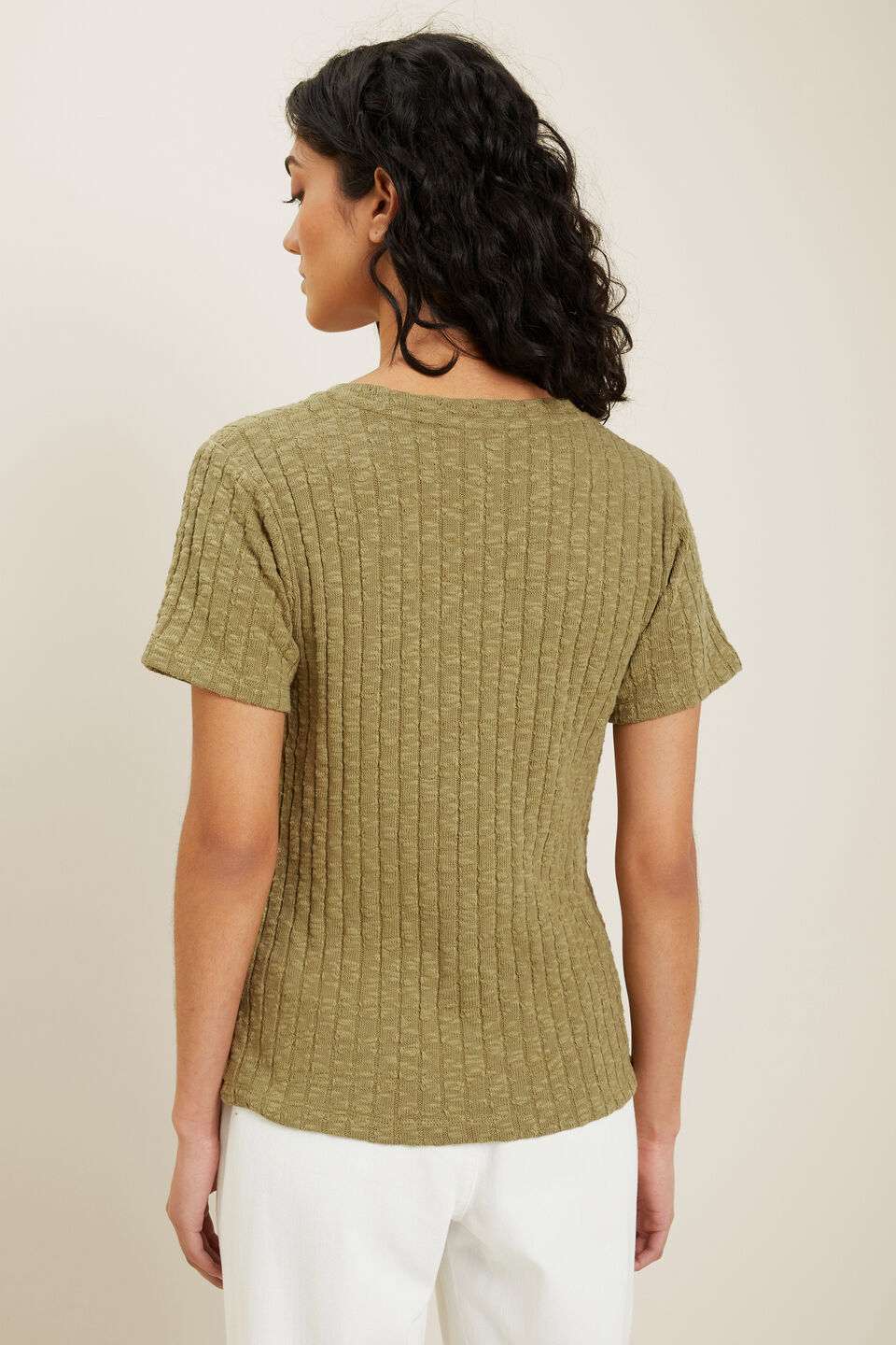 Textured U Neck Tee  Sage Green