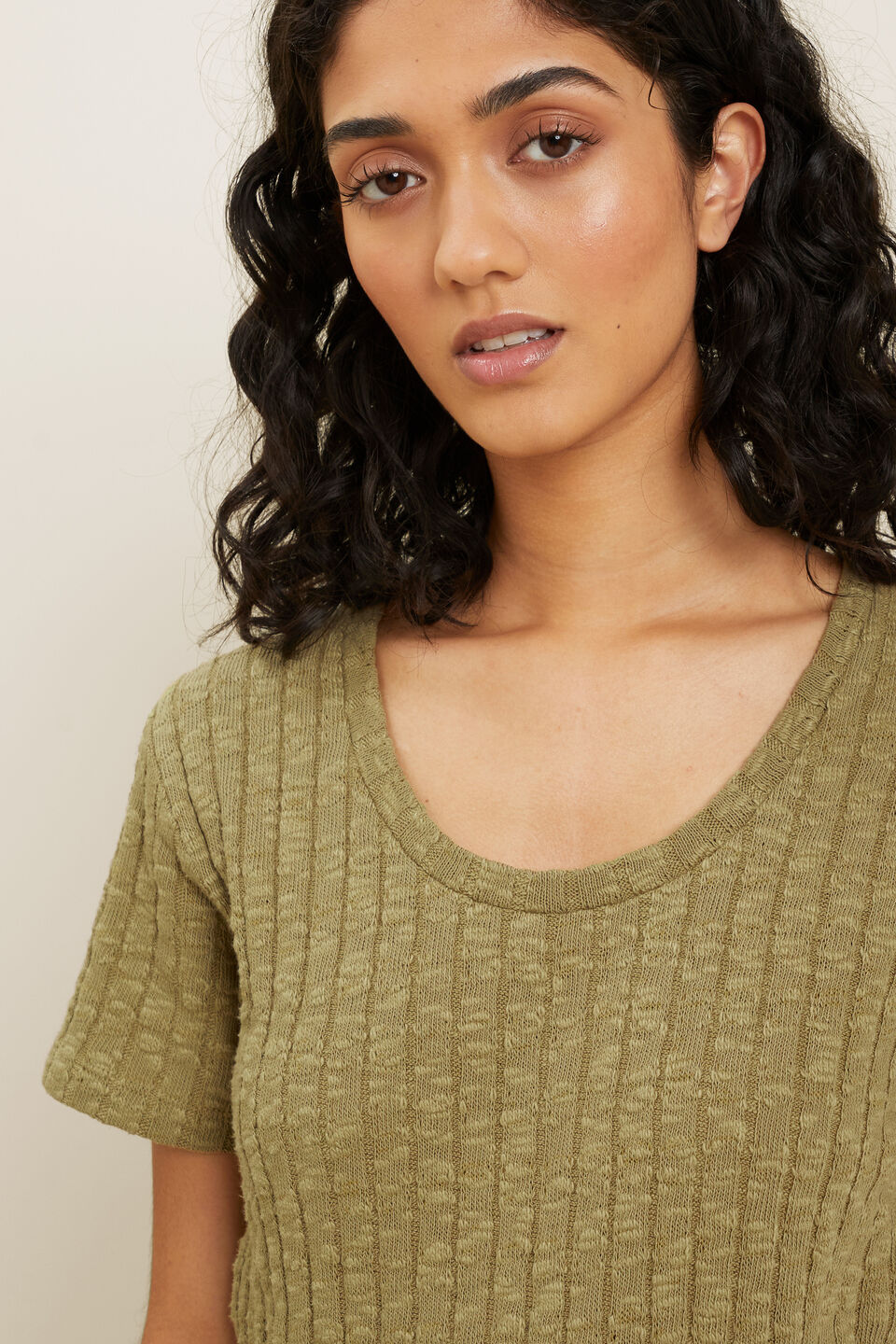 Textured U Neck Tee  Sage Green