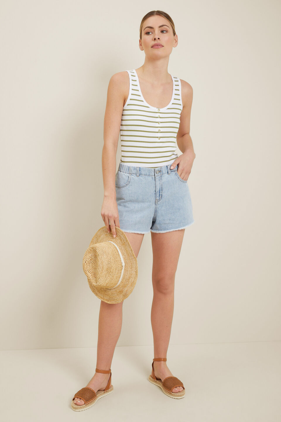Henley Rib Tank  Sage Green Stripe