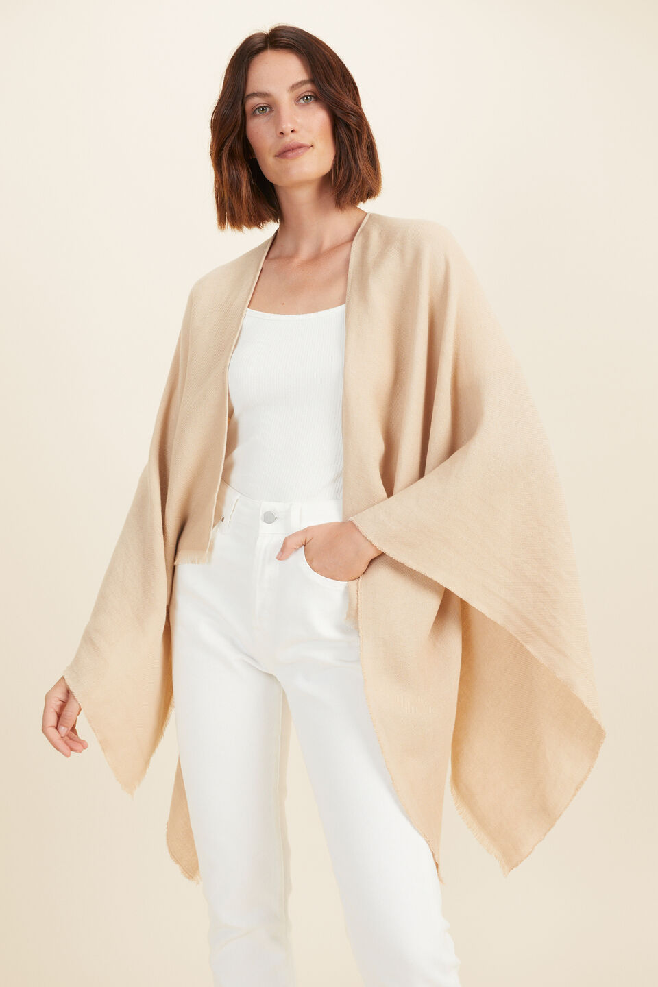 Linen Blend Poncho  Champagne Beige