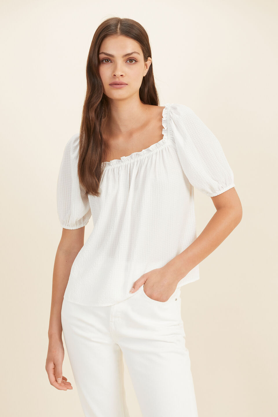 Check Off Shoulder Blouse  Whisper White