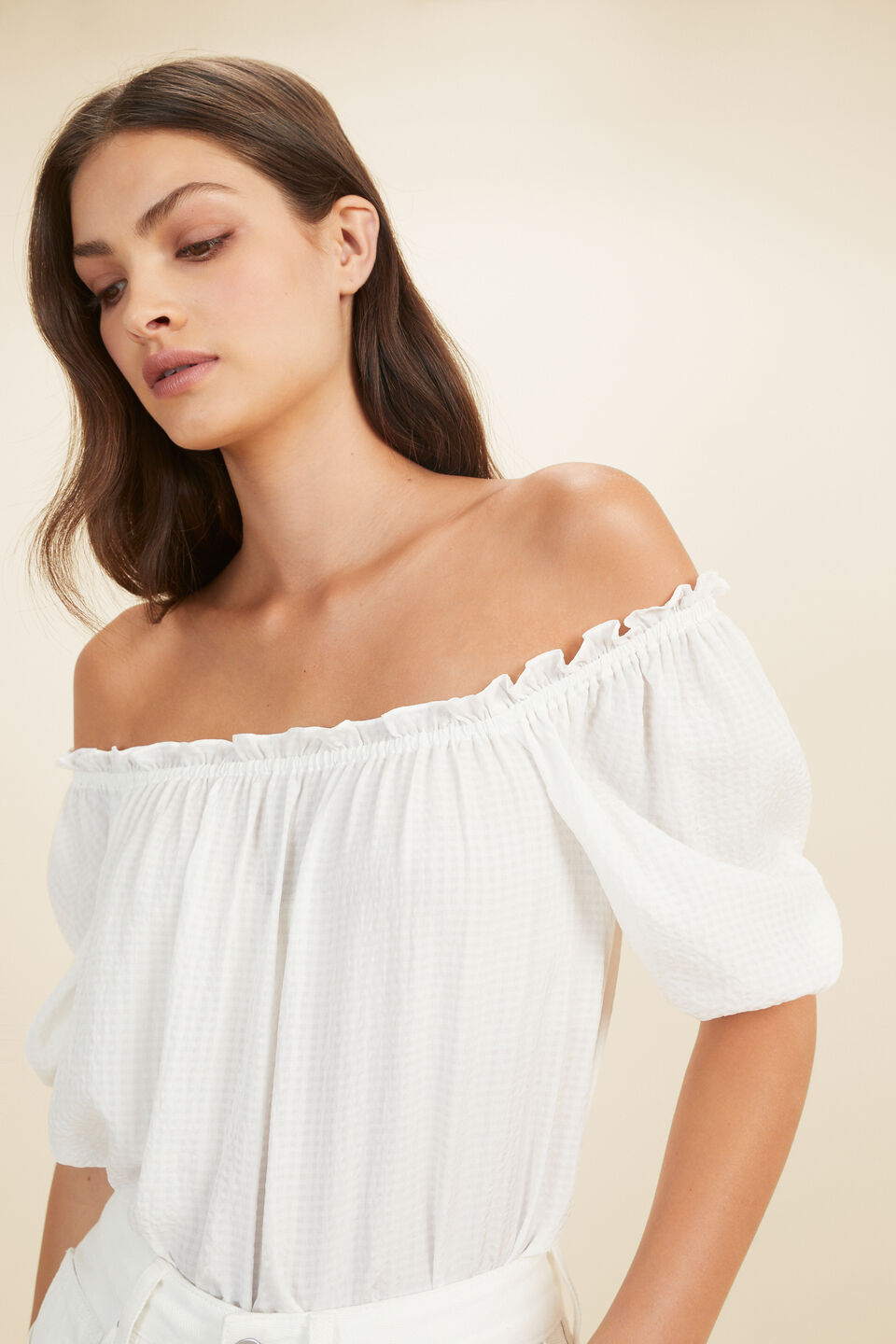 Check Off Shoulder Blouse  Whisper White