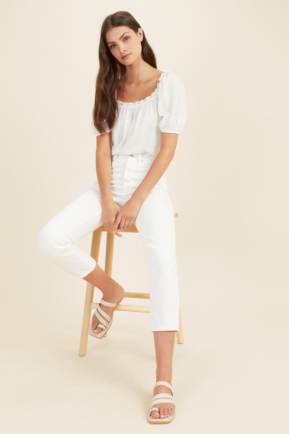 Check Off Shoulder Blouse  Whisper White