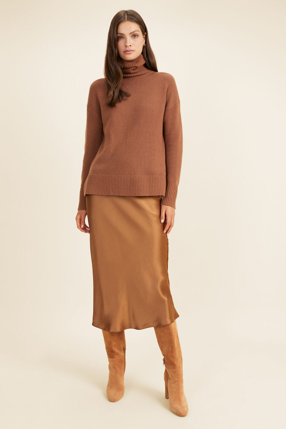 Merino Wool Roll Neck Sweater  Burnt Caramel