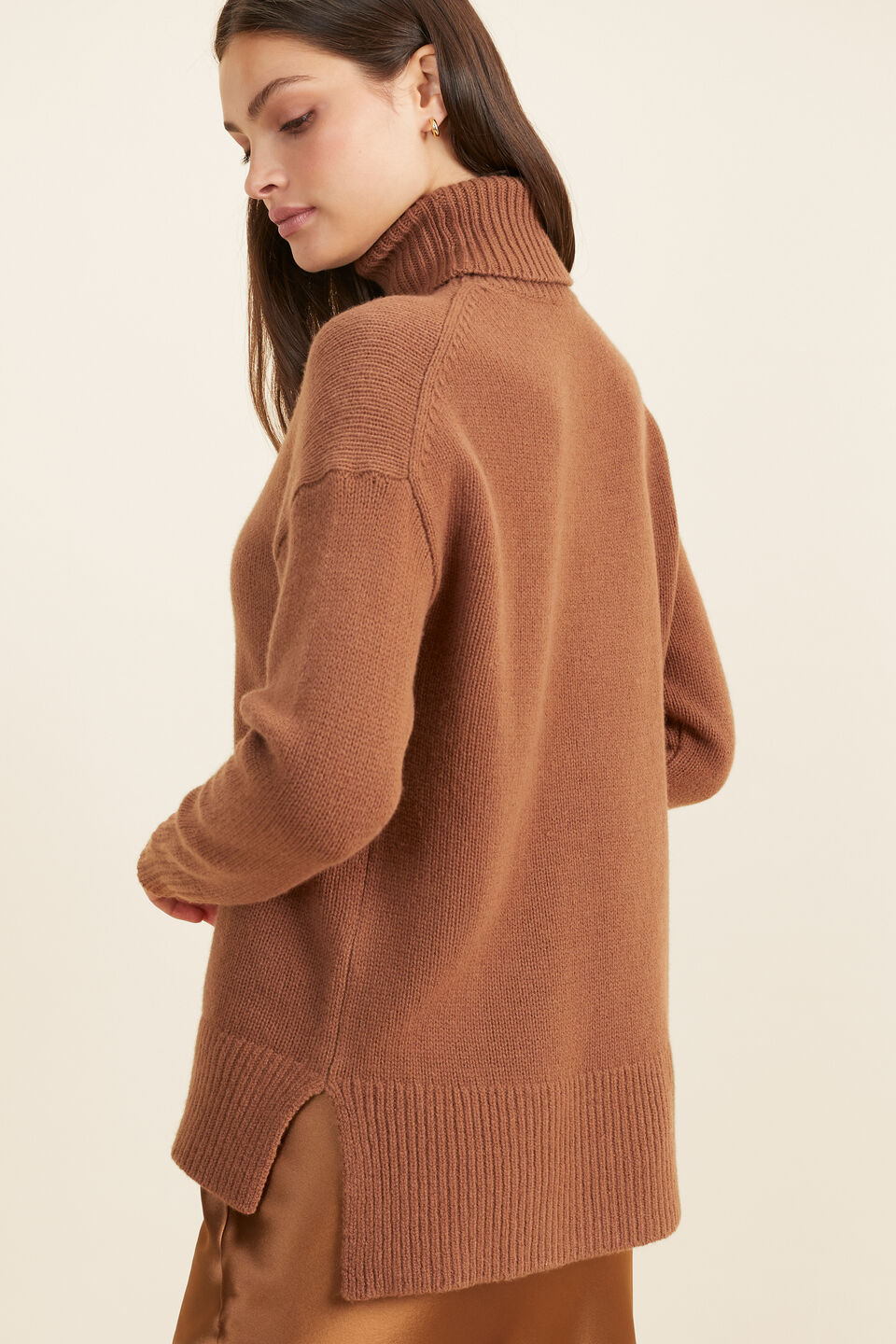 Merino Wool Roll Neck Sweater  Burnt Caramel
