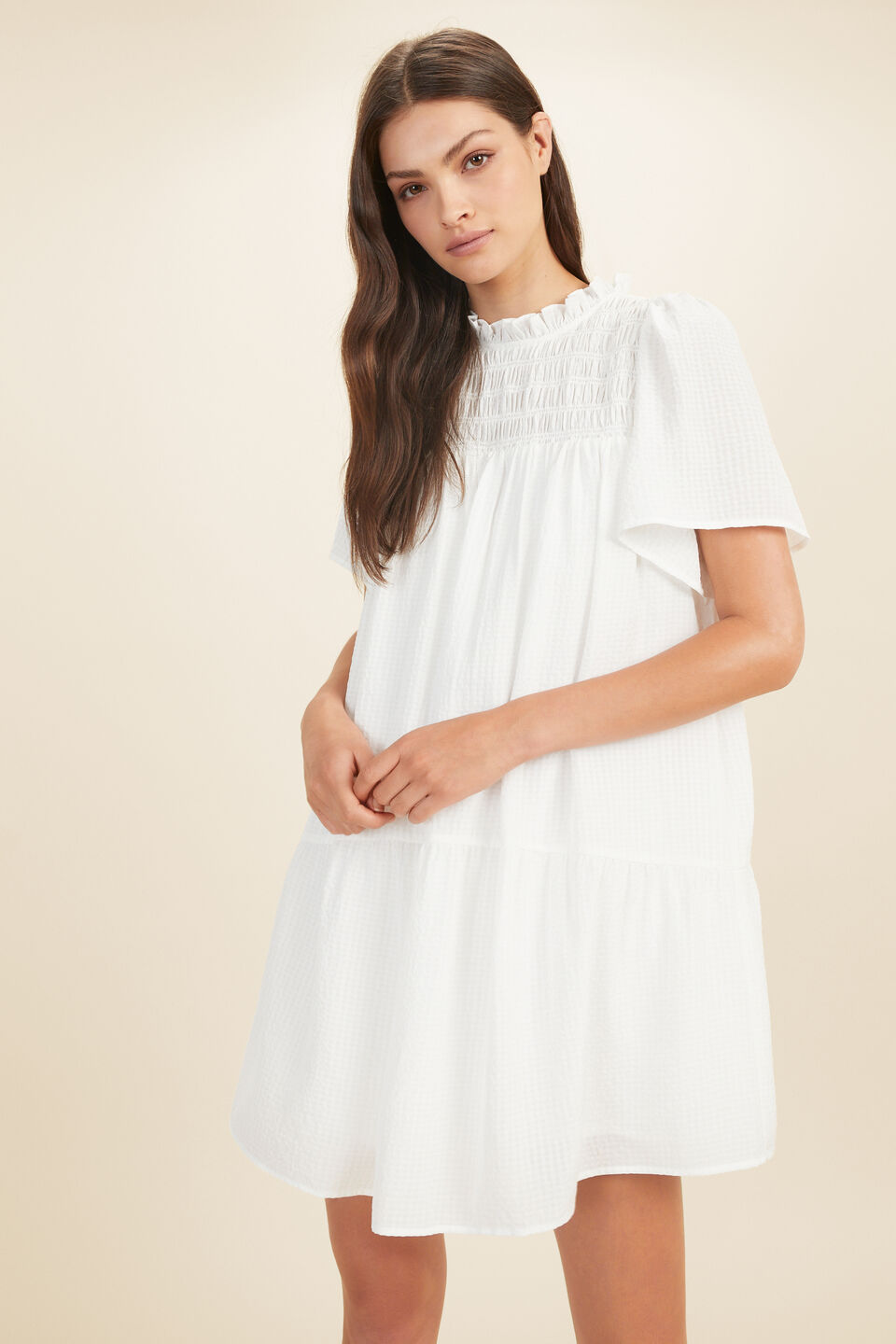 Check High Neck Mini Dress  Whisper White
