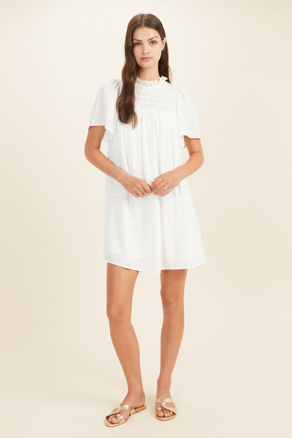 Check High Neck Mini Dress  Whisper White