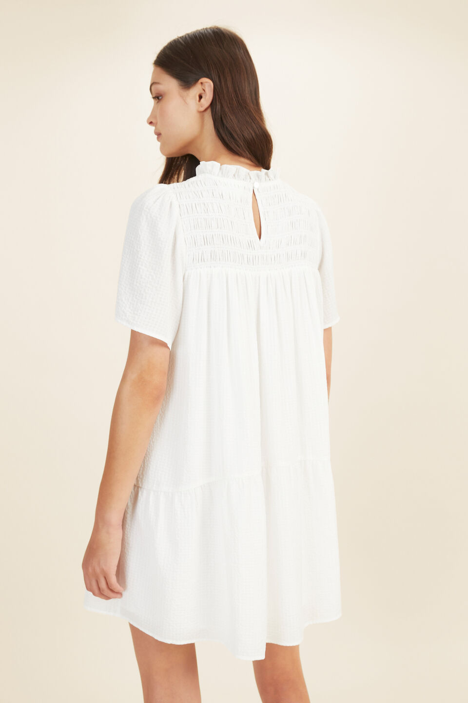 Check High Neck Mini Dress  Whisper White