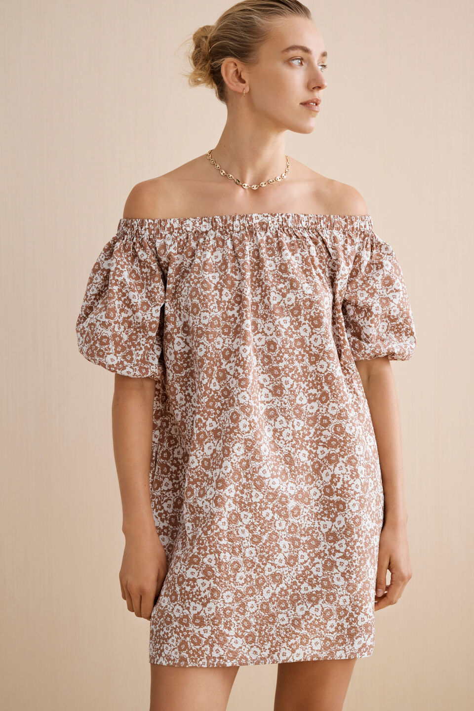 Floral Off Shoulder Dress  Acorn Ditsy Brown
