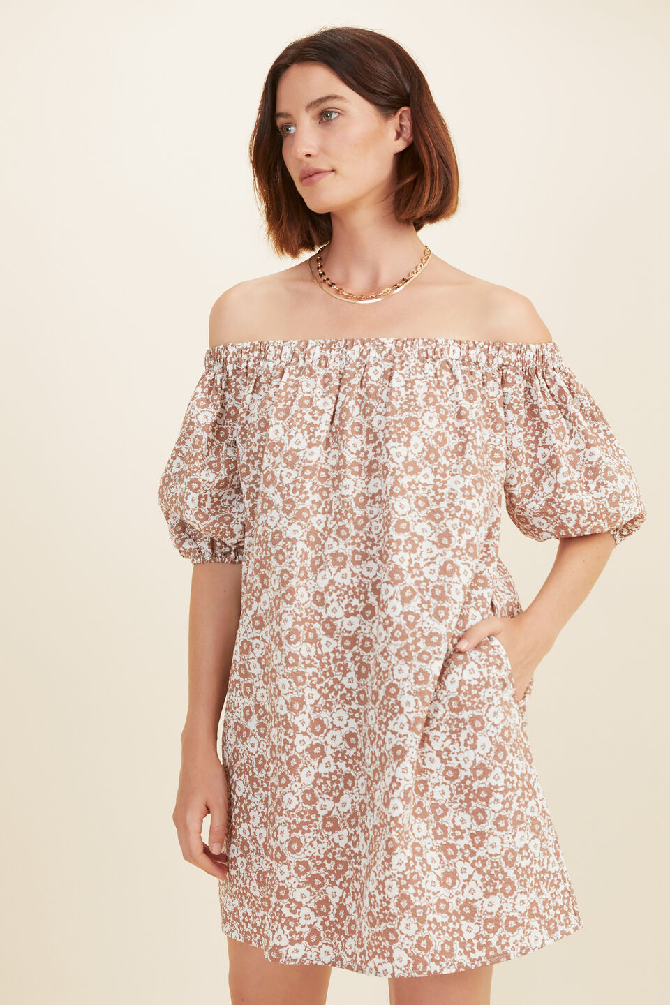 Floral Off Shoulder Dress  Acorn Ditsy Brown