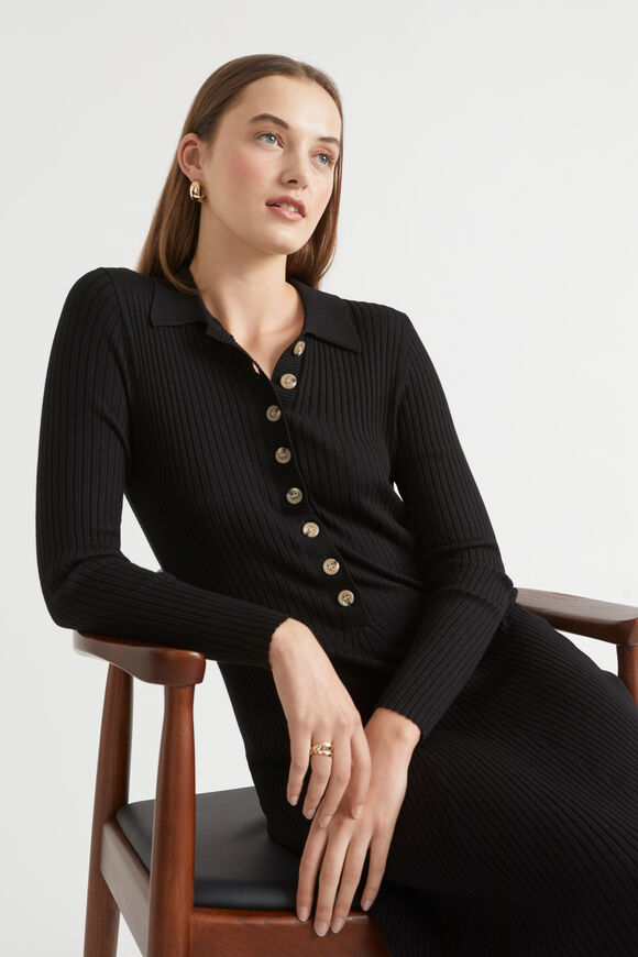 Polo Button Down Knit Dress  Black  hi-res