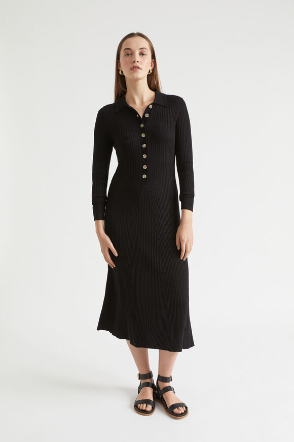 Polo Button Down Knit Dress  Black  hi-res