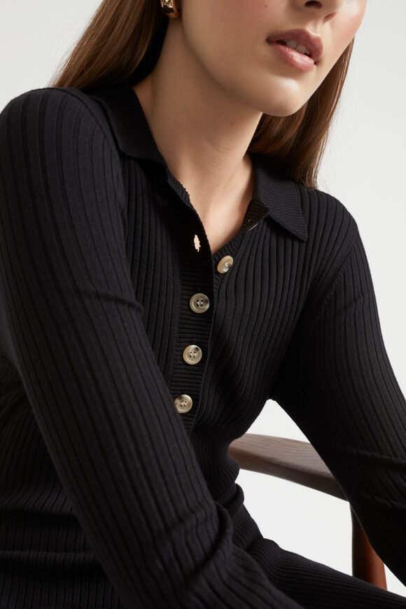Polo Button Down Knit Dress  Black  hi-res