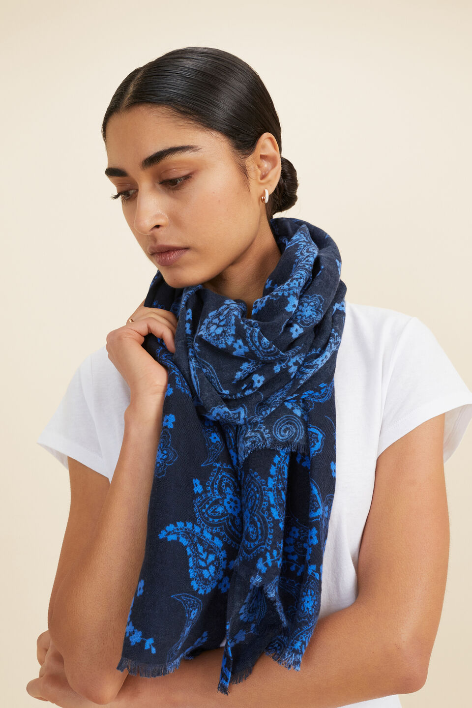 Floral Paisley Print Scarf  Deep Navy Multi
