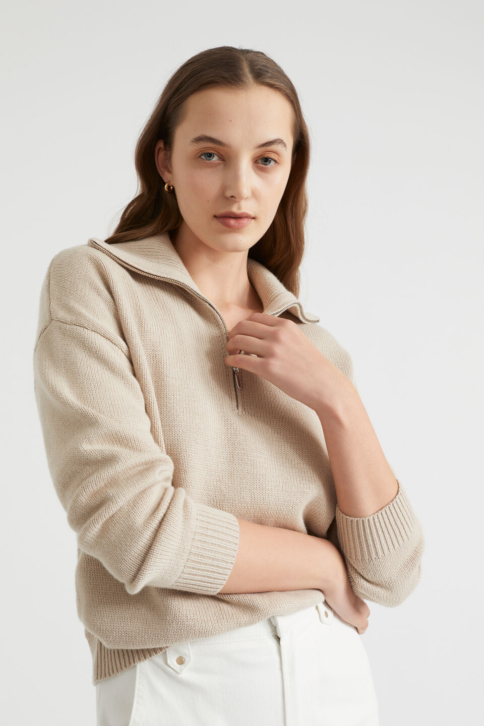 Zip Through Sweater  Soft Mink Marle