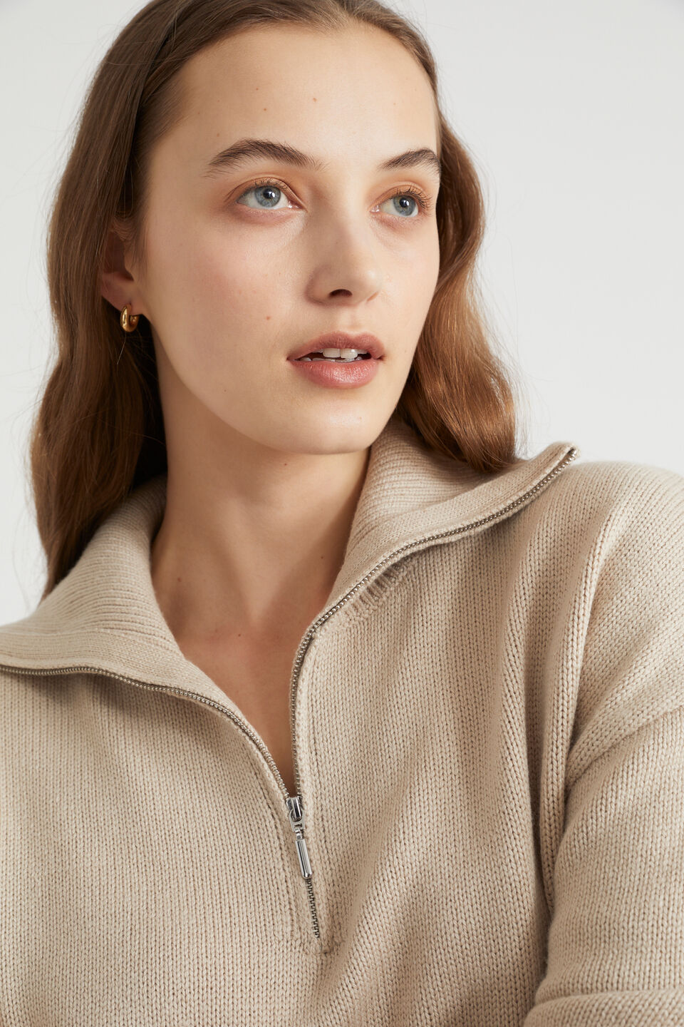 Zip Through Sweater  Soft Mink Marle