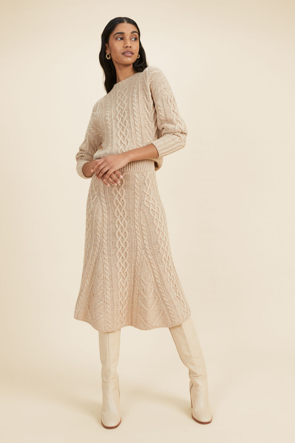 Cable Stitch Midi Skirt  Pebble Cream Marle