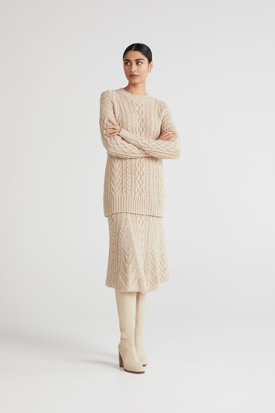 Cable Stitch Midi Skirt  Pebble Cream Marle