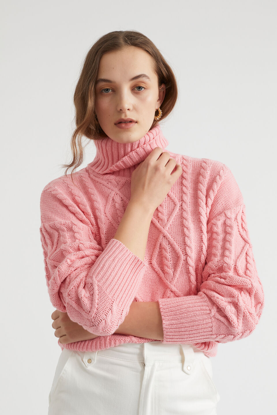 Crop Cable Roll Neck  Bubblegum Pink