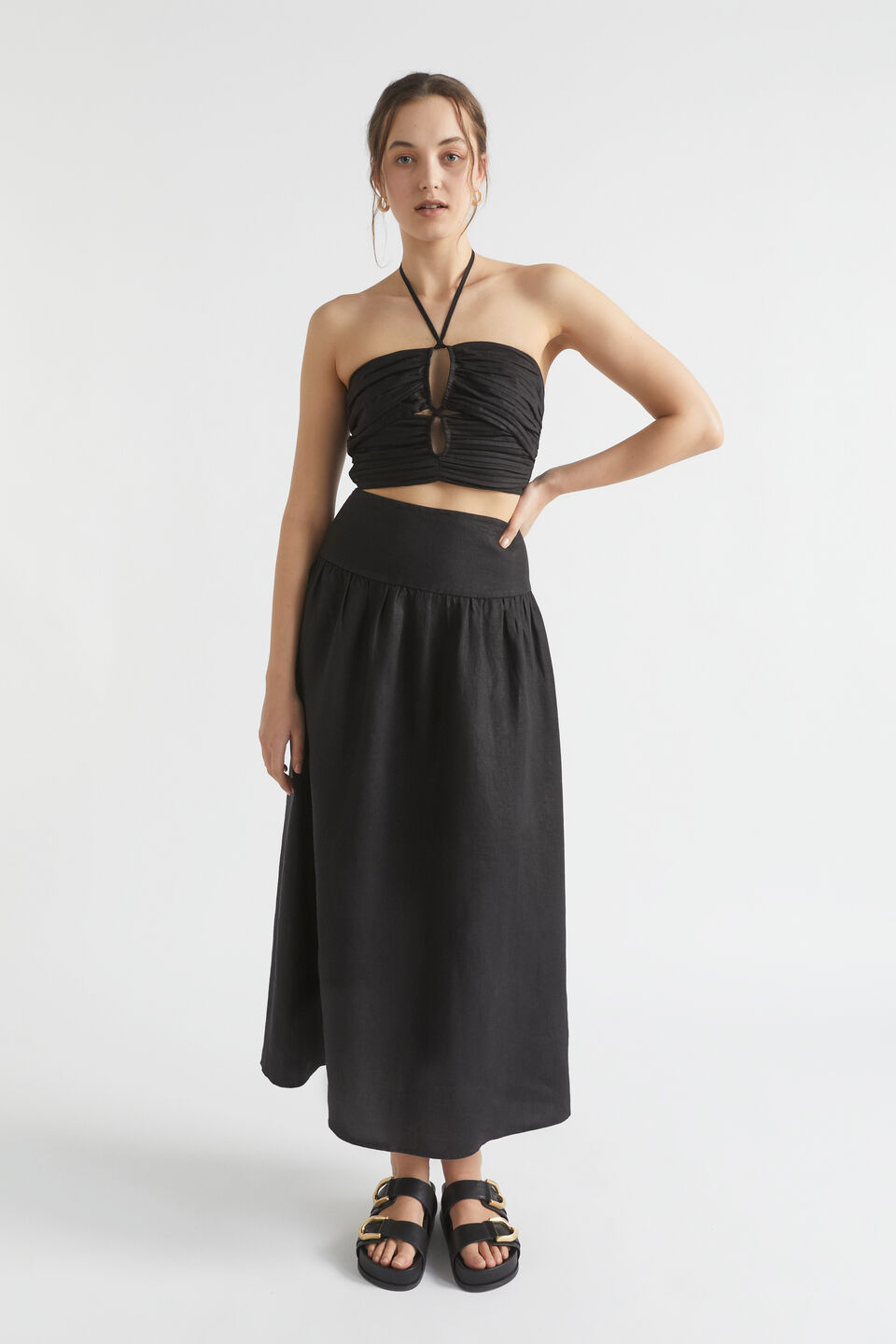 Core Linen Gathered Maxi Skirt  Black