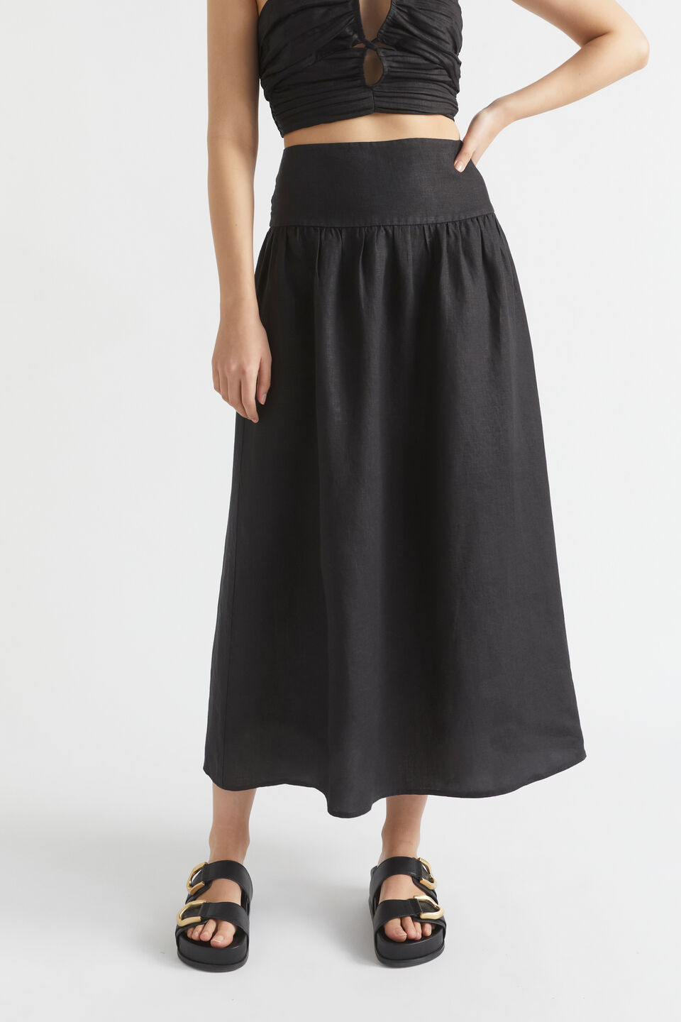 Core Linen Gathered Maxi Skirt  Black