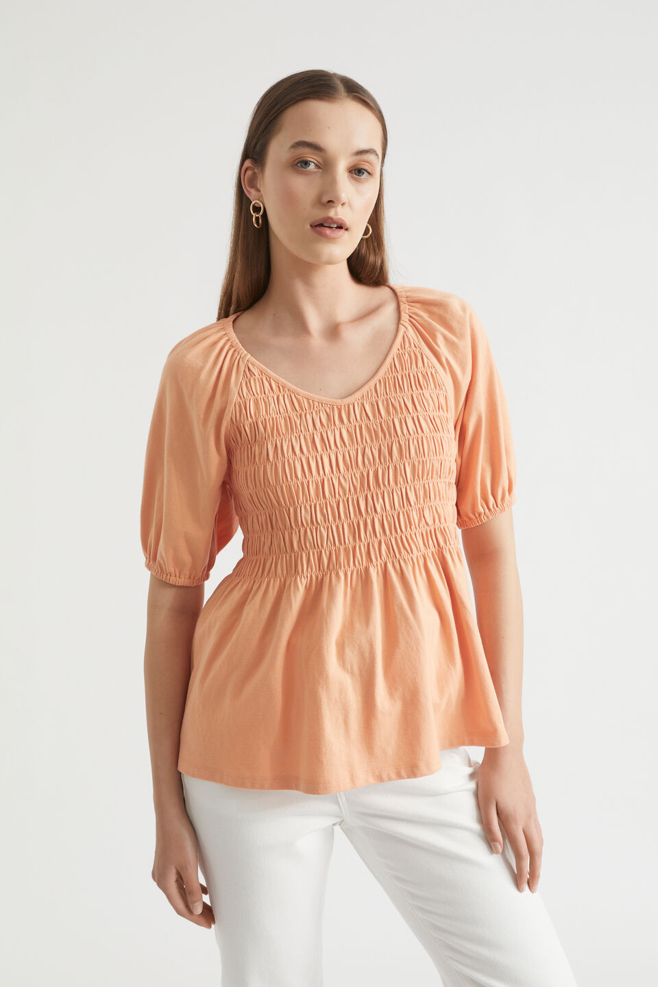Shirred Smock Top  Peach Bloom