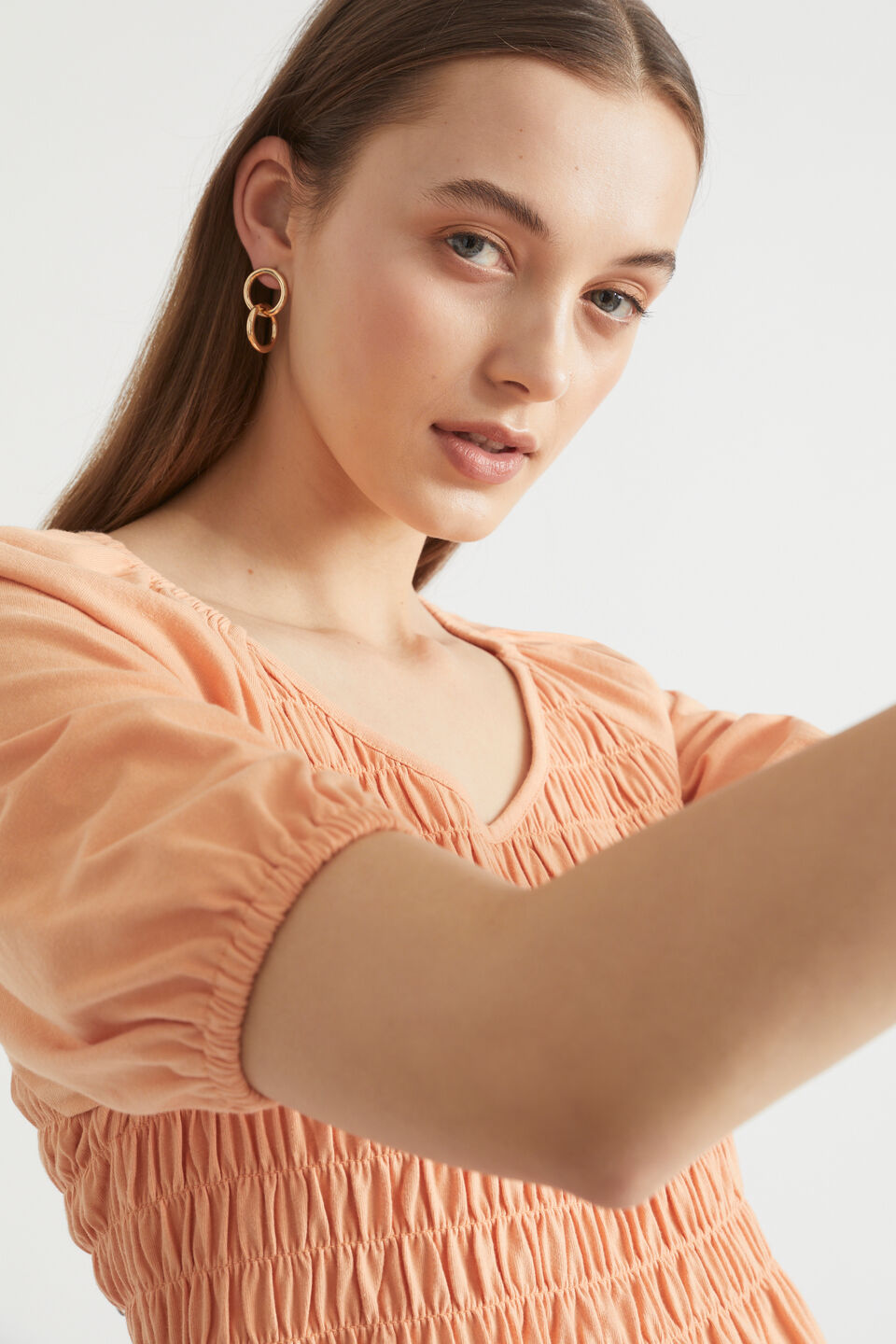 Shirred Smock Top  Peach Bloom