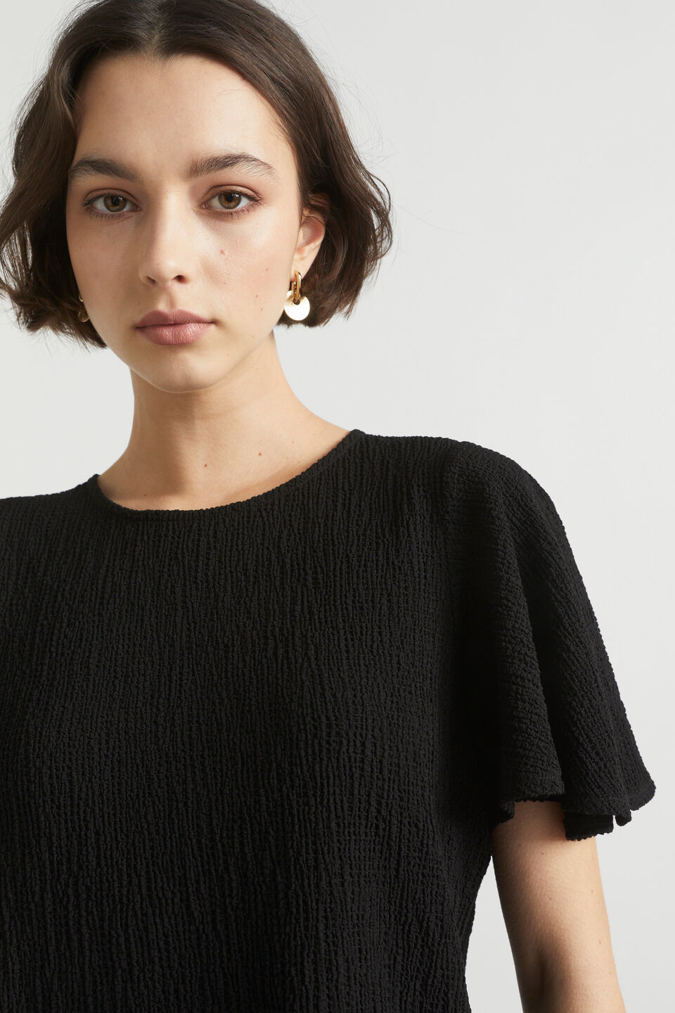 Textured Flutter Sleeve Top  Black