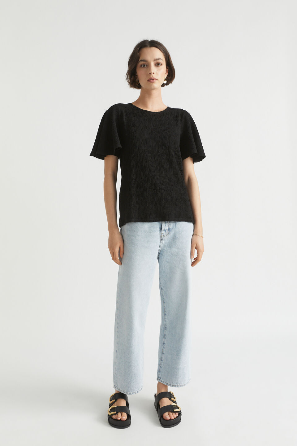 Textured Flutter Sleeve Top  Black