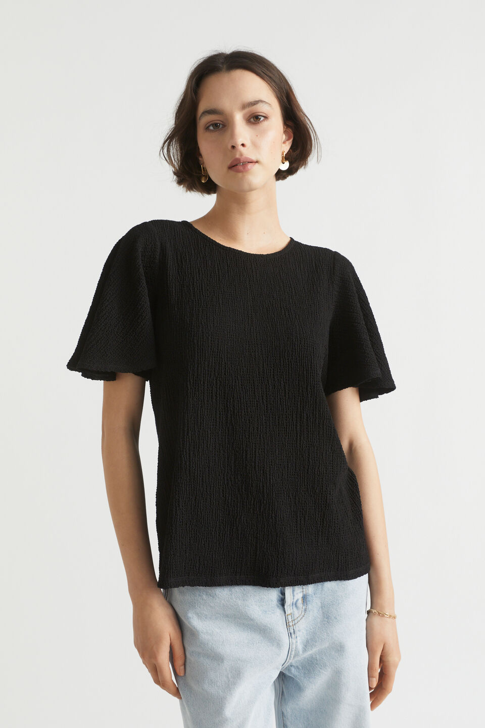 Textured Flutter Sleeve Top  Black
