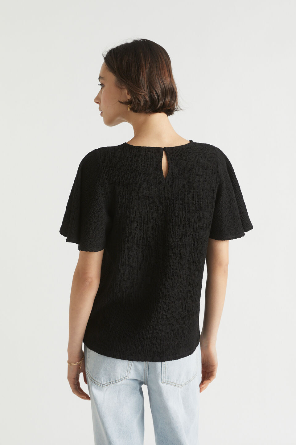 Textured Flutter Sleeve Top  Black