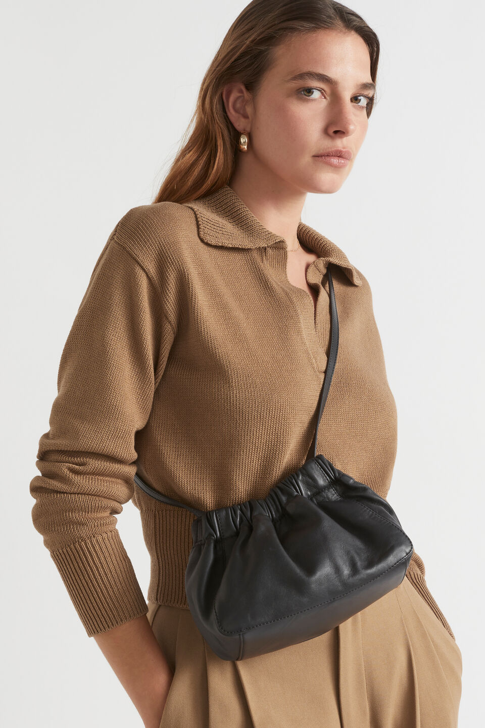 Rouched Leather Crossbody Bag  Black