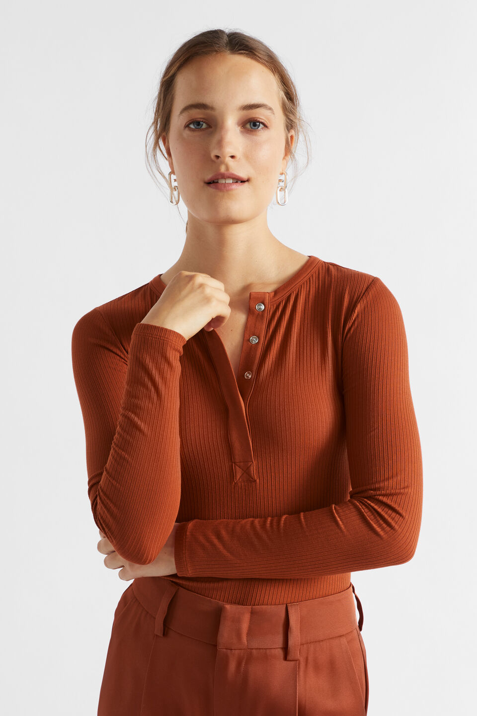 Core Rib Henley Top  Burnt Brick
