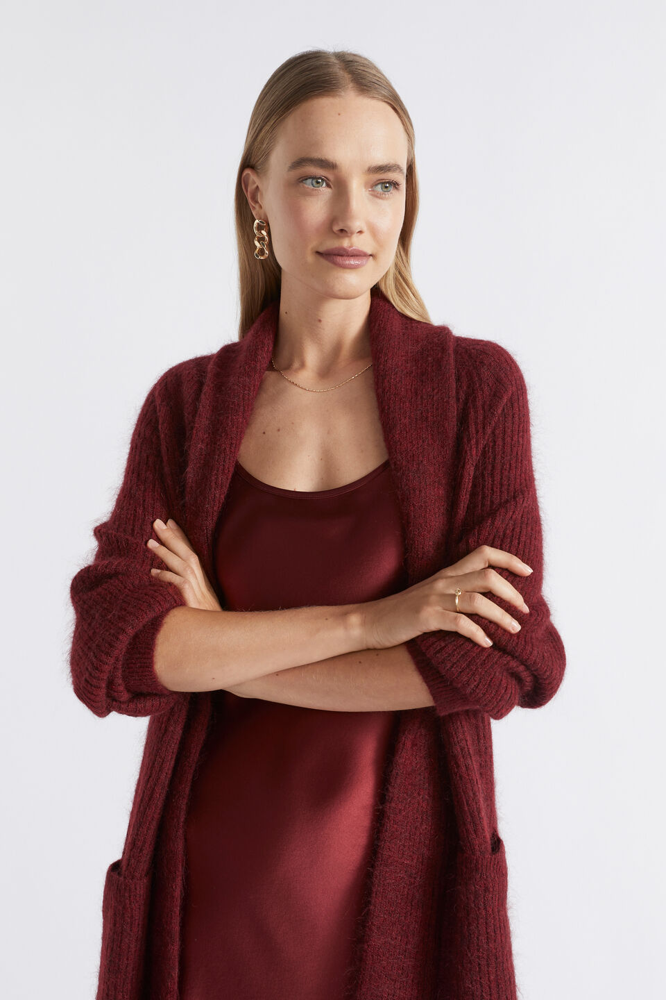 Mohair Blend Rib Cardigan  Sangria Marle
