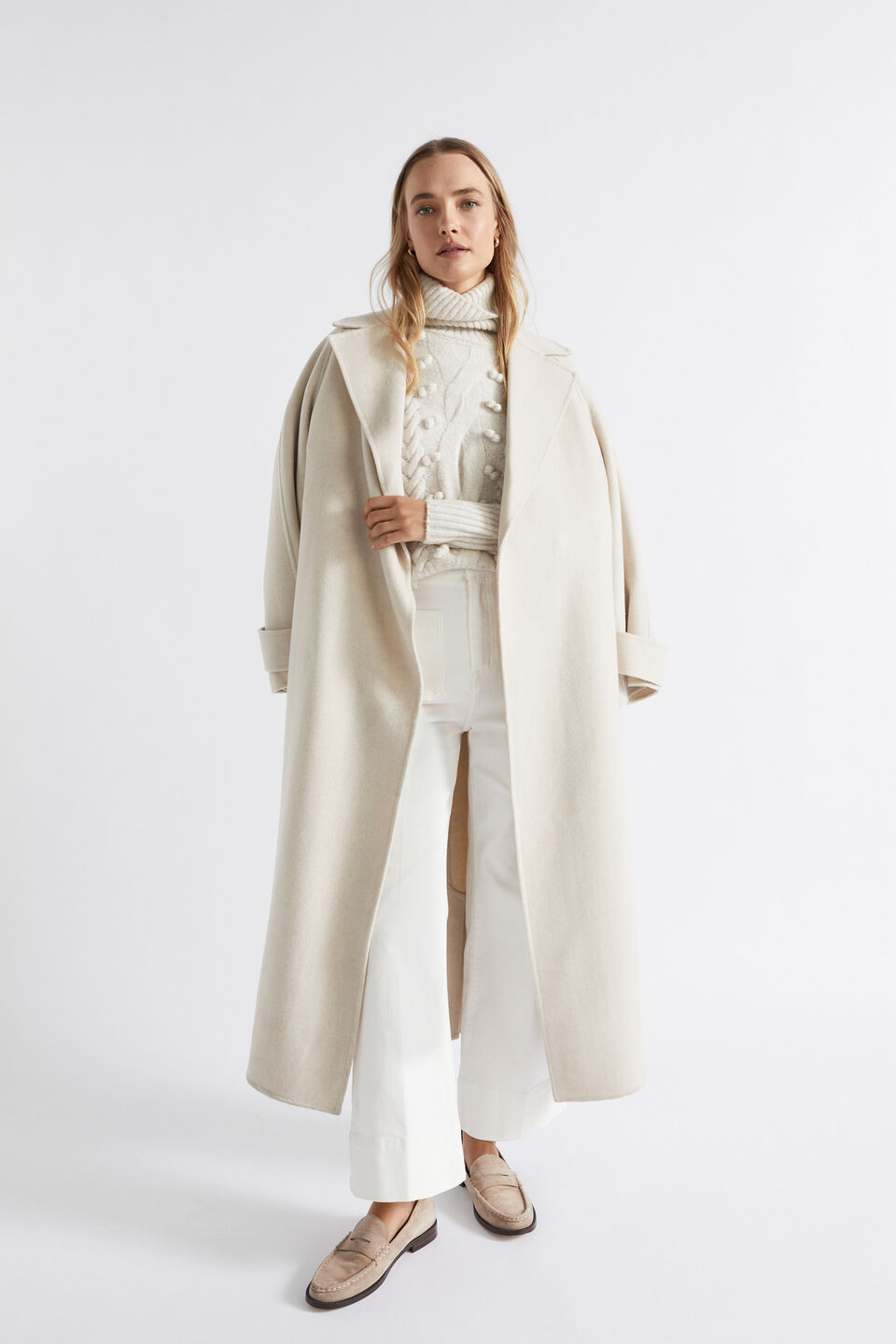 Pom Pom Braid Roll Neck Knit  Oat Marle