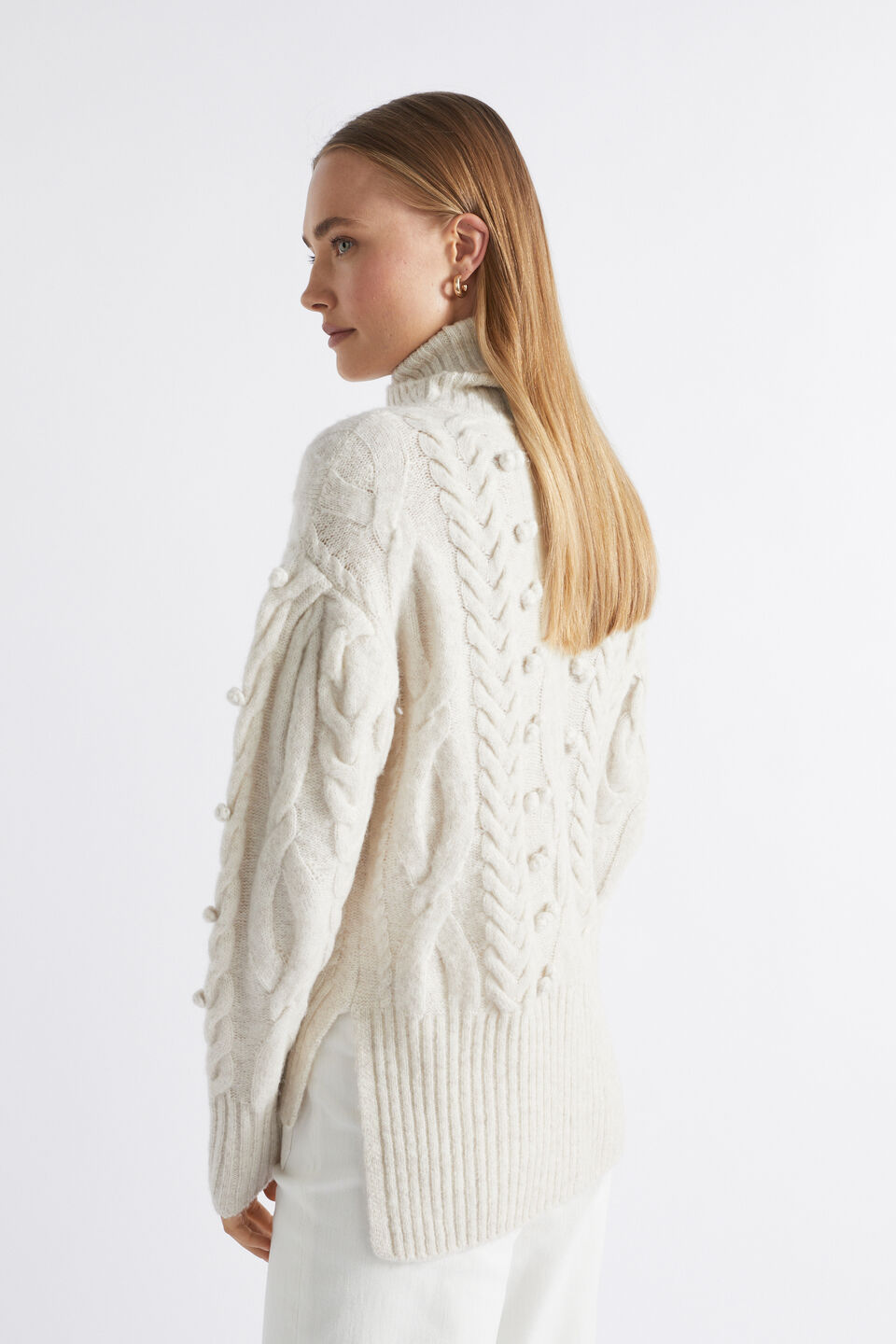 Pom Pom Braid Roll Neck Knit  Oat Marle