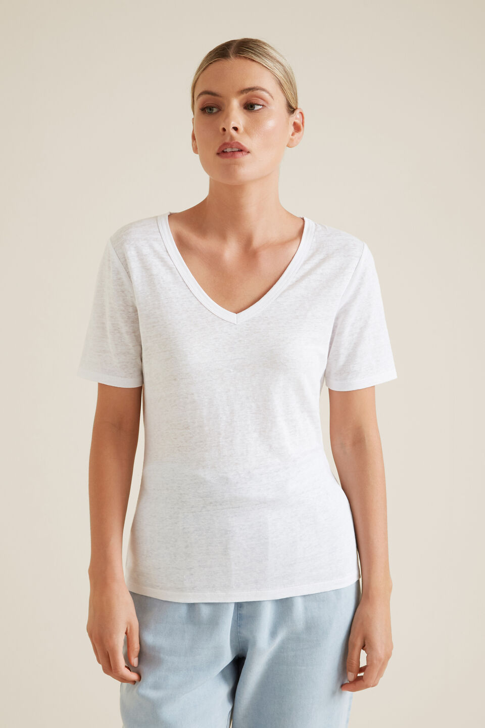 V Neck Linen Tee  Whisper White