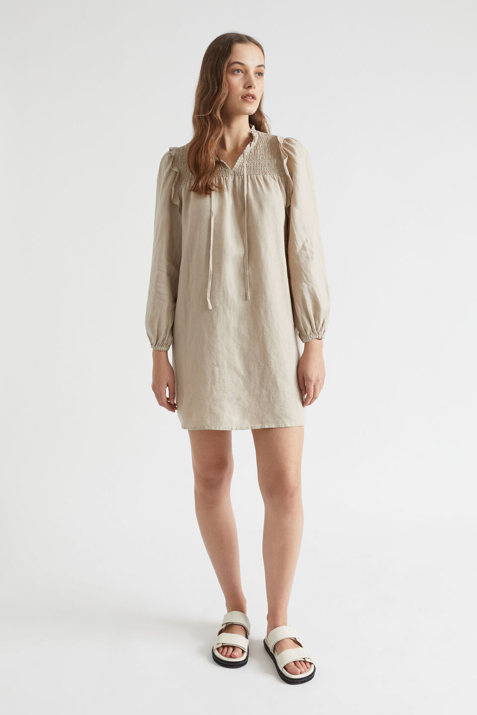 Shirred Babydoll Mini Dress  Soft Mink