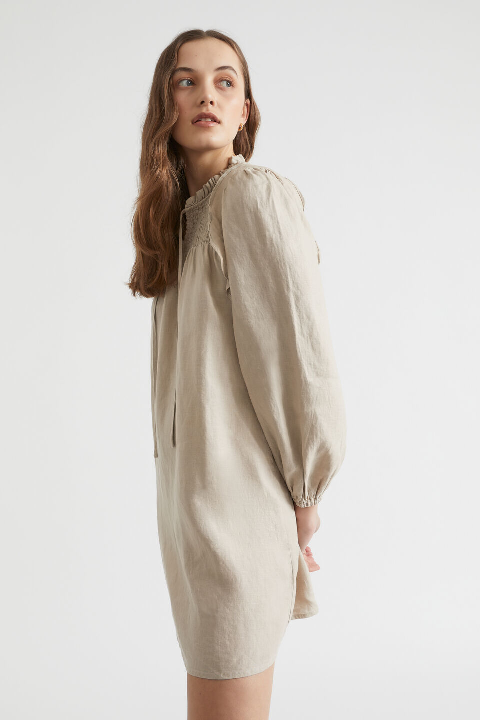 Shirred Babydoll Mini Dress  Soft Mink