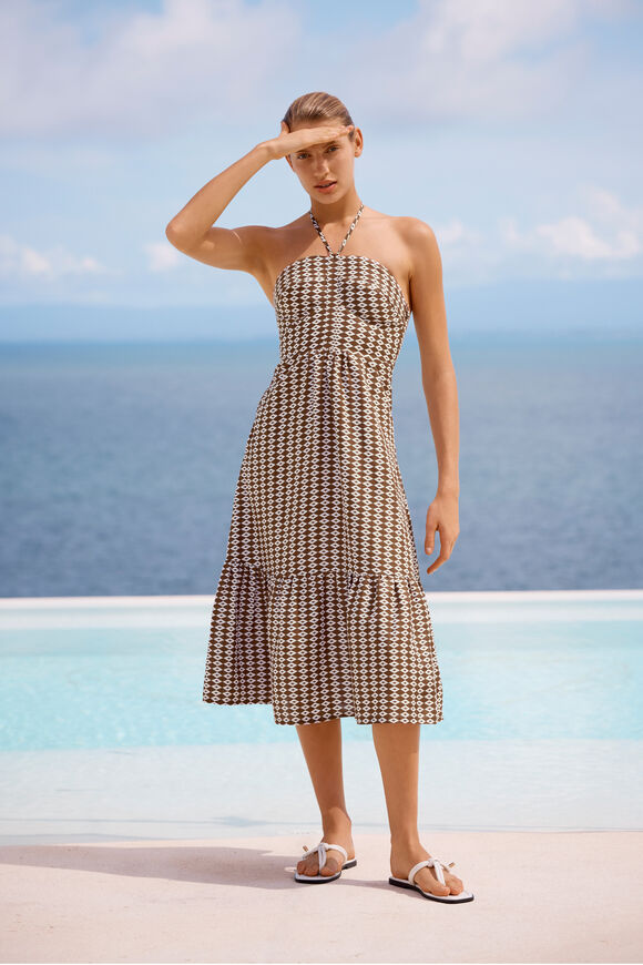 Linen Geo Halter Midi Dress  Pecan Brown Geo  hi-res