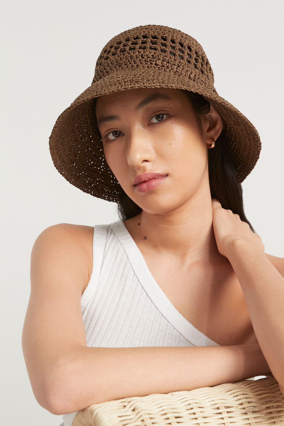 Cutout Straw Bucket Hat  Pecan Brown