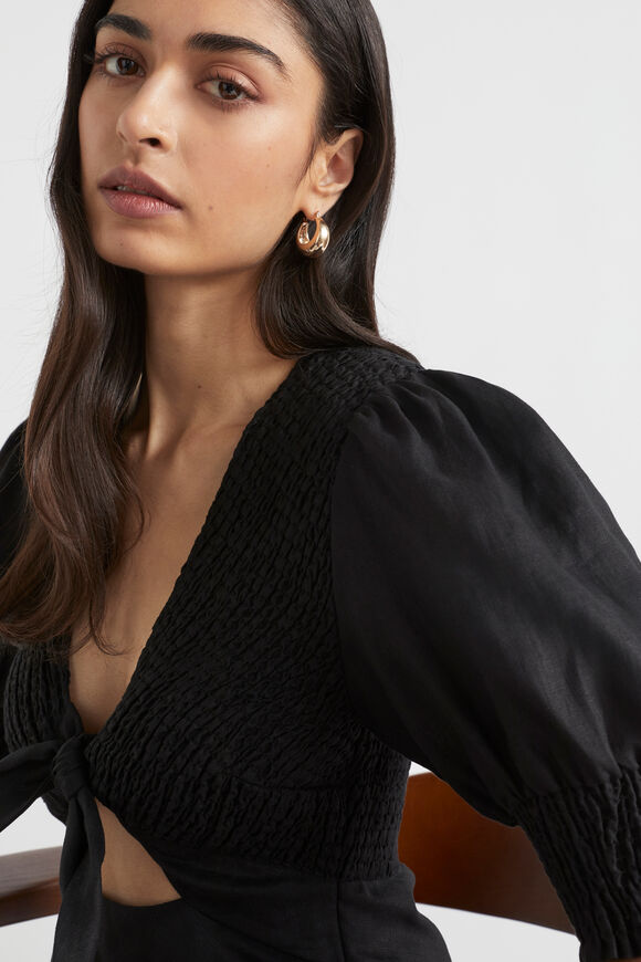Linen Shirred Tie Front Midi Dress  Black  hi-res