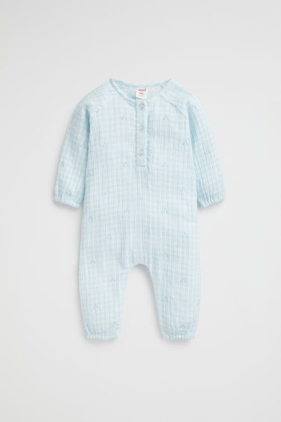 Bee Gingham Romper  Ice Blue  hi-res