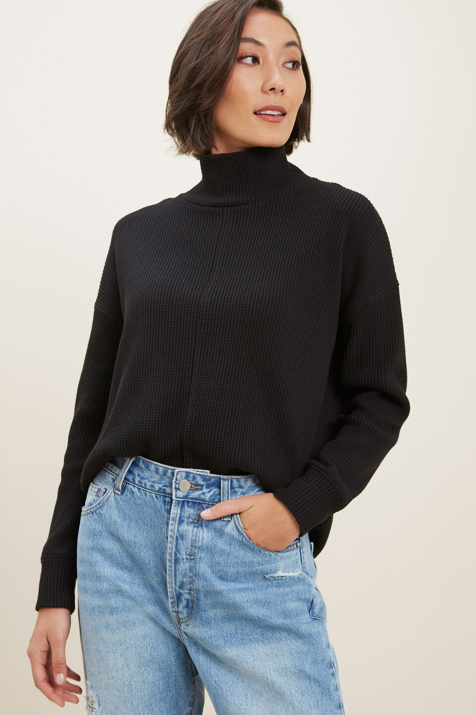 Textured Mock Neck Top  Black