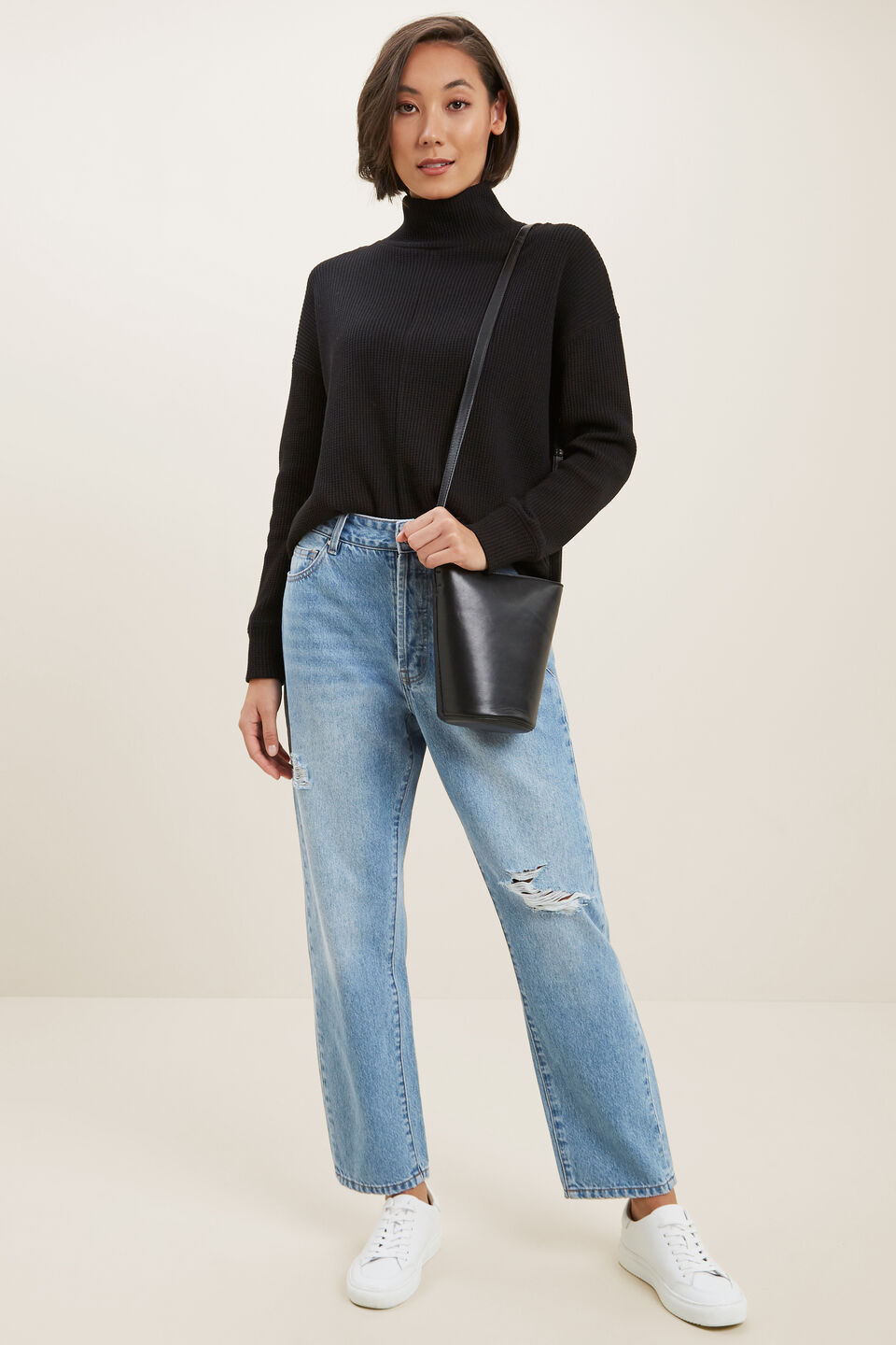 Textured Mock Neck Top  Black